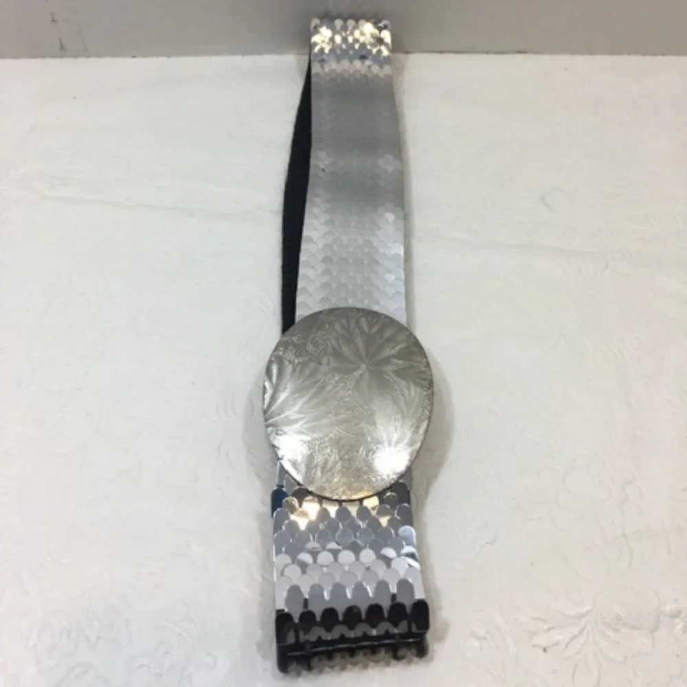 VTG 90's Shiny Silver Metal Reptile Scale Stretch Elastic Belt Silver Buckle